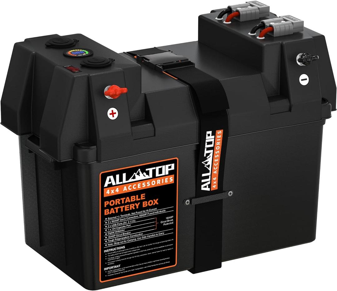 ALL-TOP Smart Battery Box, 12V Marine Case w/ 50AMP Connectors, Multi Ports & Circuit Breaker for Trolling Motor, RV & Solar Panel, Battery Not Included