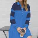 kipfall Women's Casual Dresses Long Sleeve Button V Neck Sweatshirt Dress Lapel Collared Pullover Dress (Blue, M)