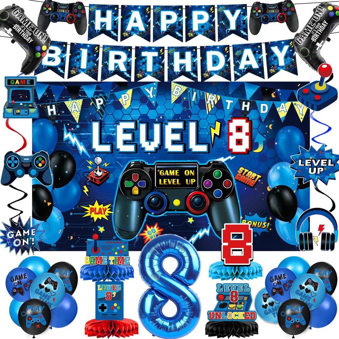 Video Game 8th Birthday Decorations for Boys, Level 8 Backdrop, Banner, Hanging Swirls, Honeycomb Centerpieces, Foil & Latex Balloons for Boy Video Game Birthday Decorations