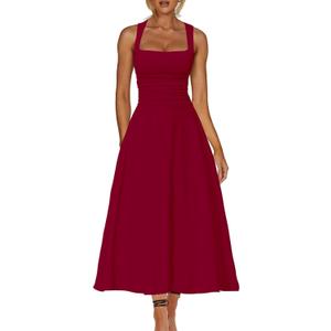 Kaximil Women's Square Neck Corset A Line Maxi Dress Ruffle Ruched Waist Flowy Long Dresses (Red)