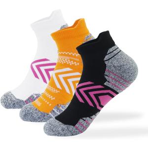 Women's sports socks running comfortable with Cushion anti-bubble 3 pairs low-top high-performance soft socks (7-10, 3 Pair Black/White/Orange)