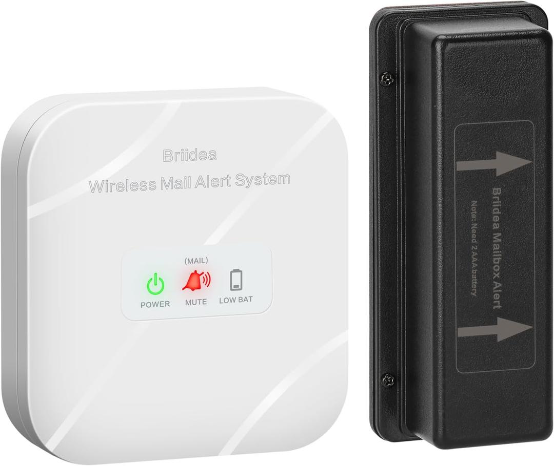 Briidea Mailbox Alarm, Wireless, Battery Powered, White, 500ft Range, LED Flash & Sound Alerts, Low Battery Reminder, Easy Installation, Secure Your Mail & Never Miss an Alert
