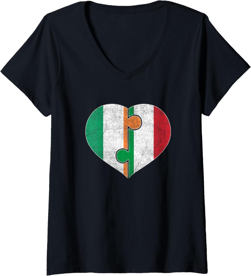Half Irish Half Italian Flag Heart Roots Heritage V-Neck T-Shirt