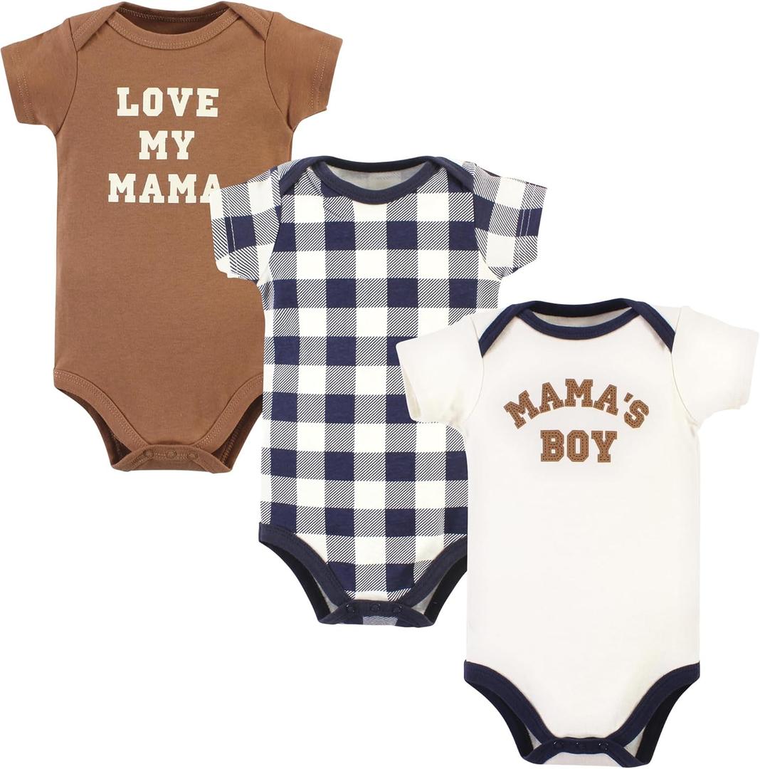 Hudson Baby Unisex Baby Cotton Bodysuits, Brown Navy Mamas Boy 3-Pack, 0-3 Months