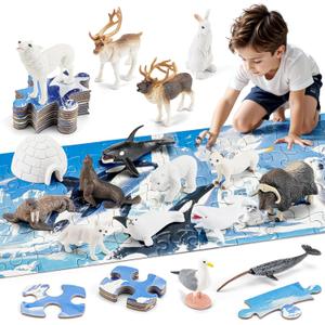 Arctic Animals Figurines Toys - 16PCS Winter Polar Animals Figures & 108 PCS Large Arctic Jigsaw Puzzles Toys for Preschool Kids Toddlers Ideal Gift for Boys and Girls