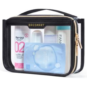 BAGSMART TSA Approved Toiletry Bag, Clear Travel Toiletry Bag, Makeup Cosmetic Pouch Bag for Women Quart Size Compliant Bag Organizer for Travel Essentials (Black Pack of 1,)