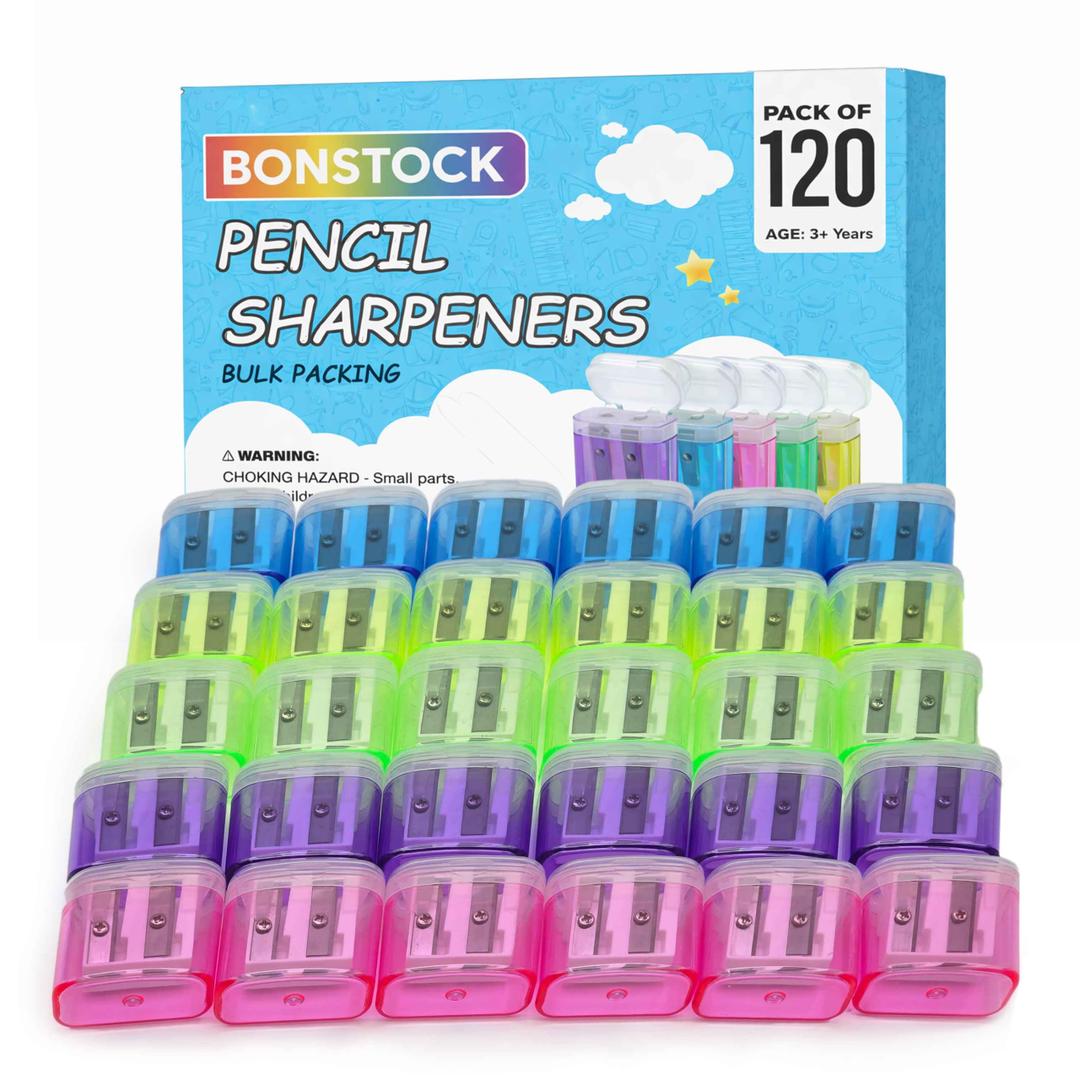 Pack of 120 Plastic Pencil Sharpeners Bulk, Bulk Pencil Sharpeners Pack with Lid, Perfect for School, Office, and Home