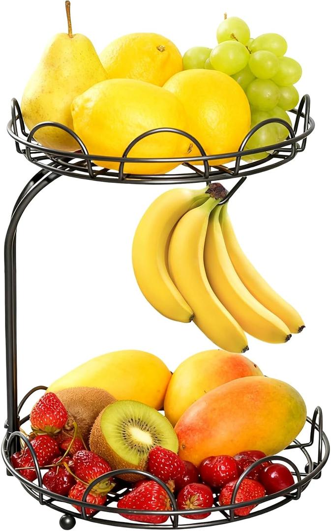 AIXINMEI 2-Tier Fruit Basket for Kitchen Counter, Metal Wire Fruit and Vegetable Storage Organizer with Bottom Slide-Out Tray, Space Saving Design for Pantry, Countertop (Black)