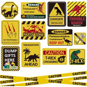13 pcs Dinosaur Birthday Party Supplies, Party Decorations for Boys Kid Birthday Baby Shower, 11.8 inch Theme Wall Decor Signs With Yellow Caution Tape