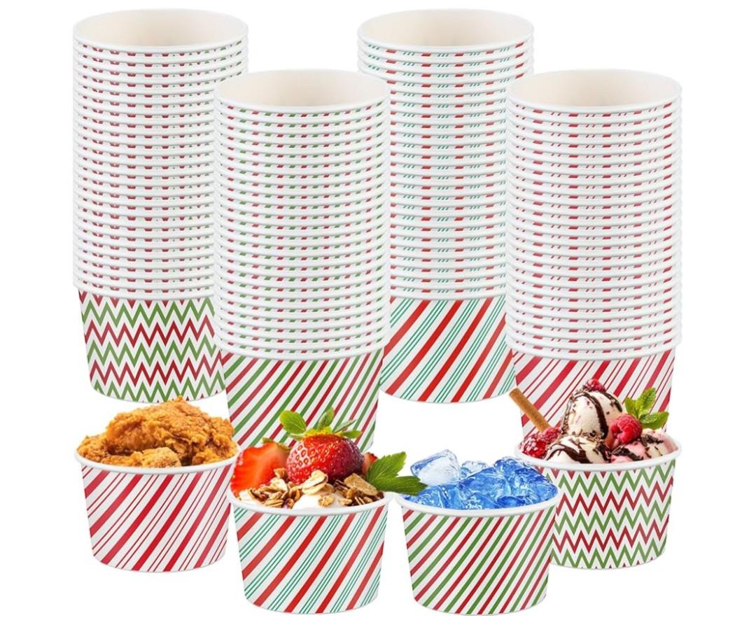 9oz 48 Pcs Christmas Paper Bowls Stripe Treat Snack Cups Green Red Stripe Ice Cream Dessert Bowls Thanksgiving Treat Snack Dessert Cups for Hot or Cold Food Thanksgiving Party Favor Supplies