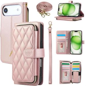 Wallet Case for iPhone 17 Air 6.5 inch with Zipper Card Holder & Shoulder Strap & Wrist Strap, Crossbody Purse Handbag Stylish Protective Cover for iPhone 17 Air -Rose Gold