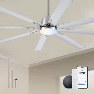 72 lnch lndustrial Smart Celing Fan with Light and Remote Control via WIFI Alexa,Large Celing Fan with 8 Brushed Nickel Aluminum Blades,6 Speed Noiseless DC Motor Indoor Outdoor Ceiling Fans for Patio