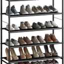 INGIORDAR Shoe Rack Organizer 5 Tier Metal Organizer Shelf with Industrial MDF Board and Layer Fabric for Entryway Closet Bedroom Living Room Garage,Black & Rustic Brown (Black+Rustic Brown, 5 Tier)