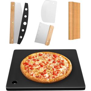 Hisencn Pizza Steel for Oven and Grill, 16 x16 inch Square Ceramic Pizza Steel 1/4" Thick, With Pizza Cutter Rocker, Measuring Scale Scraper, Plastic Cutter & 20 Cooking Papers