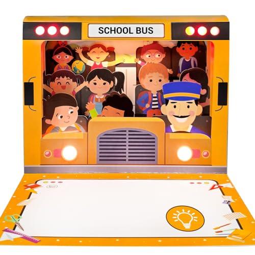 4D Pop Up Welcome Postcards Back To School Card with lights，Back to School Supplies Gifts for Classroom School，First Day of School Gift for Student Classmate Teacher Classroom (school bus card), Pack 2