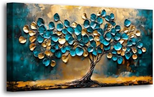 Tree of life Teal Gold Leaf Pictures Canvas Wall Art for Living room Office Bedroom Wall Decor,Abstract Wall Art Print Paintings Modern Blue Leaves Artwork Waterproof Ready to Hang-20x40inch