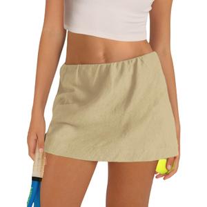 Gozoloma Women's Cotton Linen Skorts Casual Cute A-Line Micro Mini Skirts with Ruffle Inner Waistband (L)