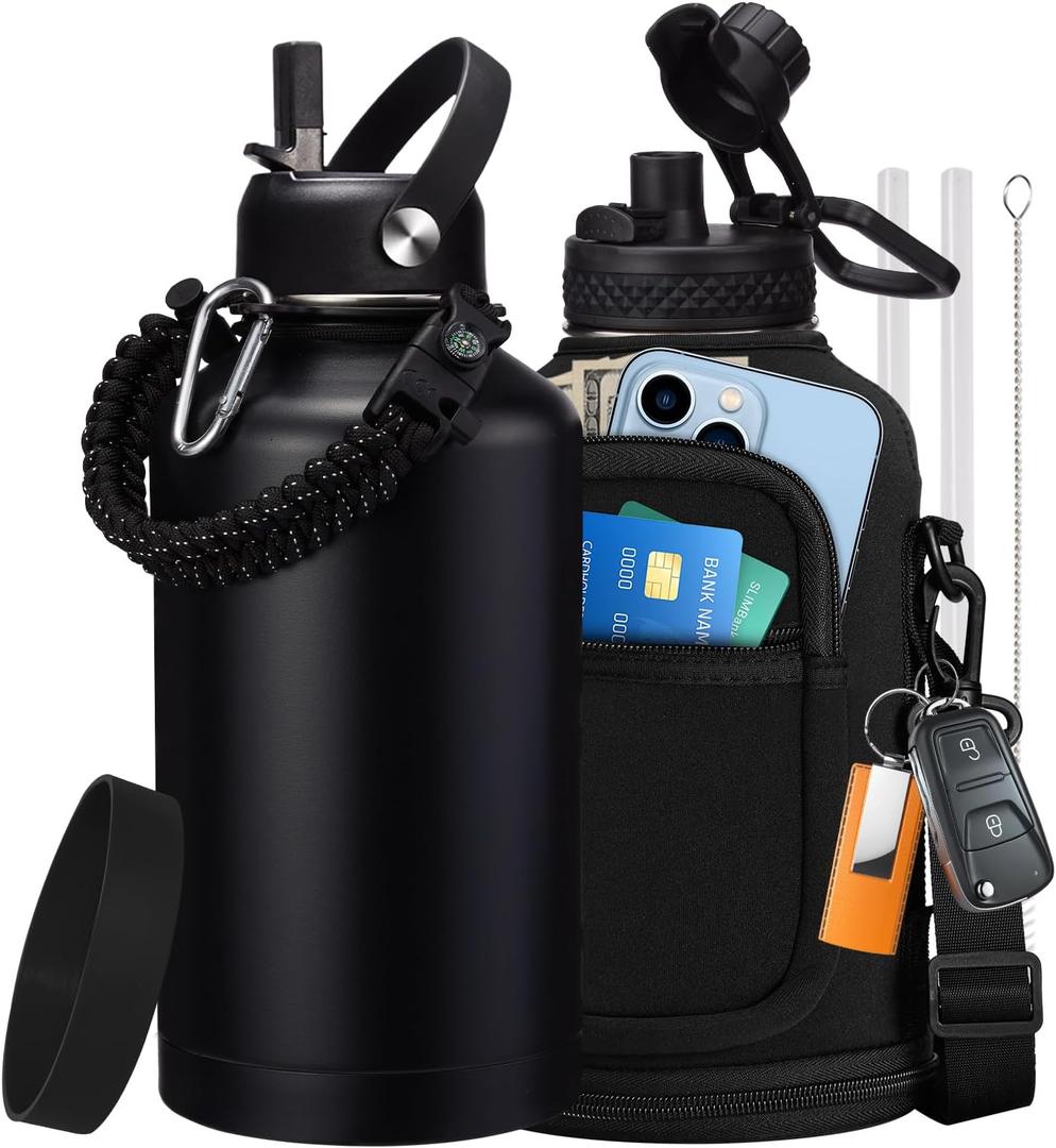 64 oz Insulated Water Bottle with Straw & Auto Spout Lids, Paracord Handle, Half Gallon Waterbottle Strap Carrier & Protective Boot, Wide Mouth Metal Canteen Thermo Mug, Leak-proof Sports Black Jug