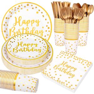 Supernal 350pcs Birthday Paper Plates and Napkins Set - Disposable White and Gold Paper Plates, Gold Plastic Silverware, Birthday Napkins and Cups Suitable for Party Supplies