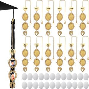 Landical 12 Pcs Sublimation Graduation Cap Memorial Photo Tassel Charm for Class 2025 Graduation Cap Personalize Blank Tassel Pendant Ceremony Gift Decoration Ceremony Gift to The Hat Topper(Gold)