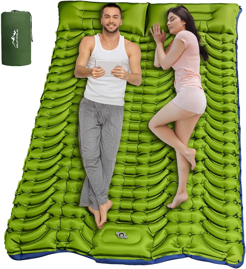 Double Sleeping Pad for Camping, Self Inflating 4" Extra Thick Camping Sleeping Pad for 2 Person with Pillow, Built-in Foot Pump, Portable Sleeping Mat for Backpacking, Hiking, Travel Tent (Twin, Green+blue)