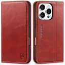 SHIELDON Wallet Case for iPhone 16 Pro 5G, Genuine Leather Magnetic Book Cover RFID Blocking Card Holder Kickstand Shockproof Phone Case Men Women Compatible with iPhone 16 Pro 6.3" 2024 - Retro Red