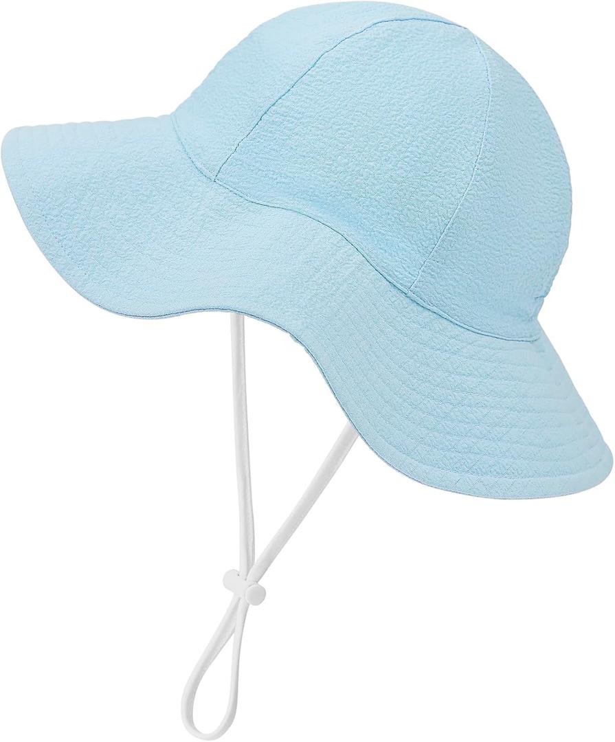 Zando Seersucker Baby Sun Hat Toddler UPF 50+ Adjustable Bucket Hats for Boys Girls Beach Hat Breathable Summer Cap Wide Brim (Blue, S)
