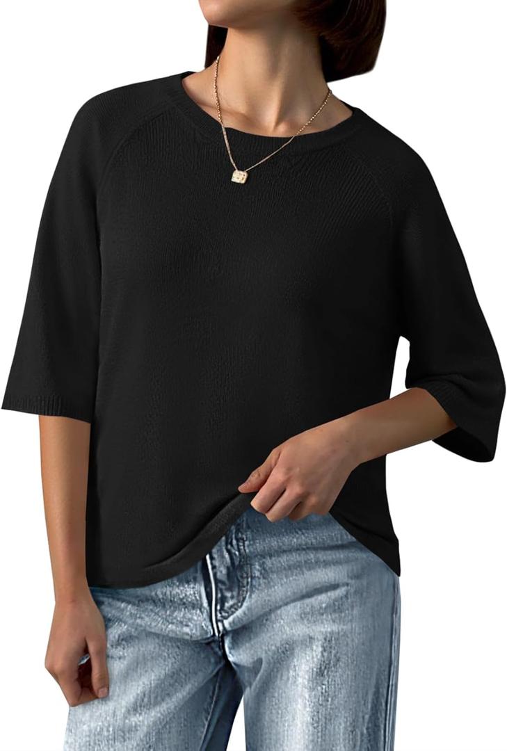 Saodimallsu Womens Half Sleeve Sweater Tops Summer Crew Neck Casual Loose Lightweight Sweaters Knit Pullover Shirts (Large, Black)
