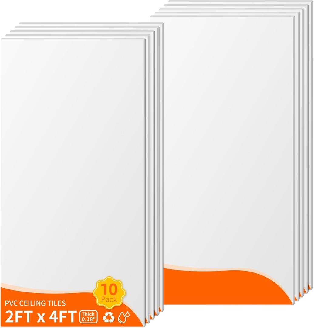 PVC Ceiling Panels 24x48 in, 10 Pcs, 80 Sq.Ft, White Smooth