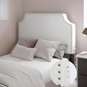 Colingmill 40 Inch Twin Headboard with 2 Outlets White Leather Adjustable Twin Headboard with Nailhead Trim and Curved Shape Bed Head Board for School College Dorm Guest Rooms