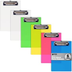 Better Office Products Mini Clipboards (6 Pack), Plastic, Low Profile Clips, Assorted Translucent Colors, Durable, A6 Memo Size, 5.3" x 8",