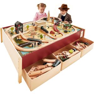 Tiny Land Large Wooden Train Table (47.9x35.2), 104PCS Train Set, 3 Storage Bins, Activity Playset for Kids Ages 3+, 47.9 x 35.2 x 11.6 inches
