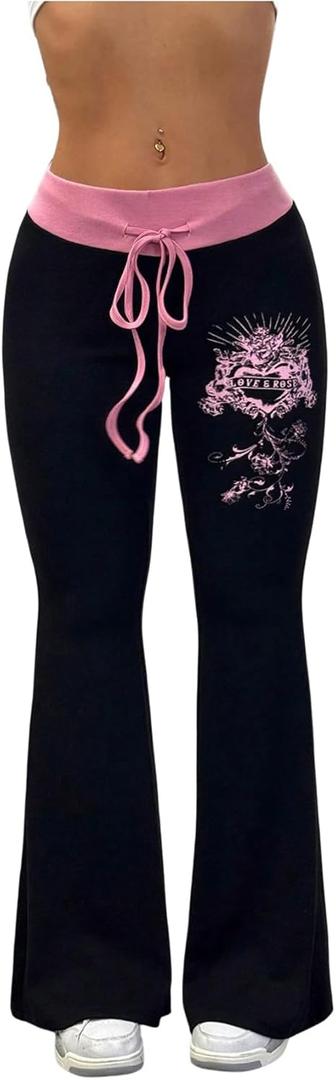 SHENHE Women's Y2k Flare Pants Grunge Drawstring Goth Punk Bell Bottom Yoga Pants (Black, XS)