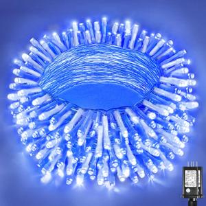 Vivideal 300 LED Christmas Lights Outdoor, 100ft Christmas String Lights 8 Modes Plug in Waterproof Fairy Lights with Timer Memory for Indoor Outside Bedroom Home Party Decoration, Blue&White