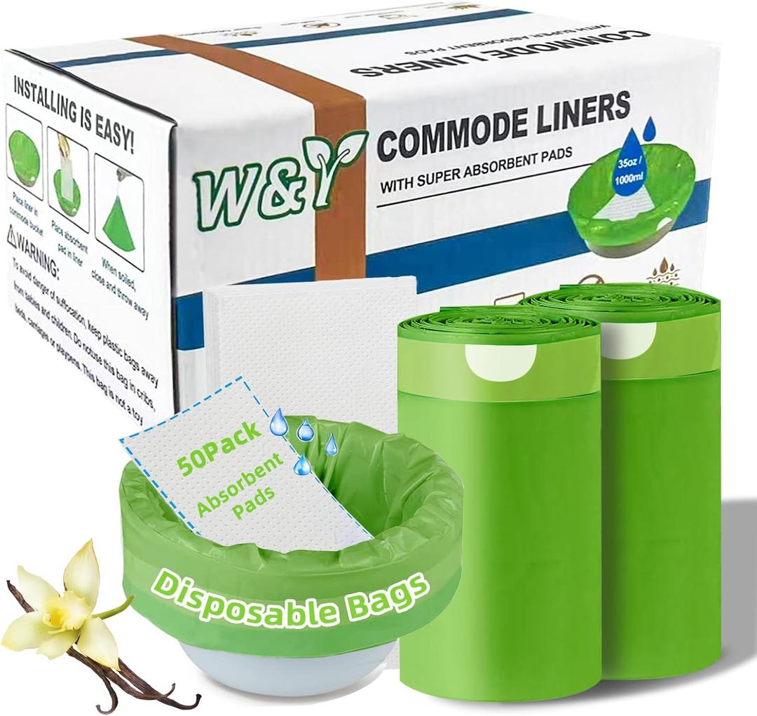 W&Y 50 Pack Commode Liners with Super Absorbent Pads, Universal Fit All Standard Toilet Chair BucketVanilla-Scented Portable Sanitary Bag for Adult Toilets and Camping Toilets50 Bags+50Pads