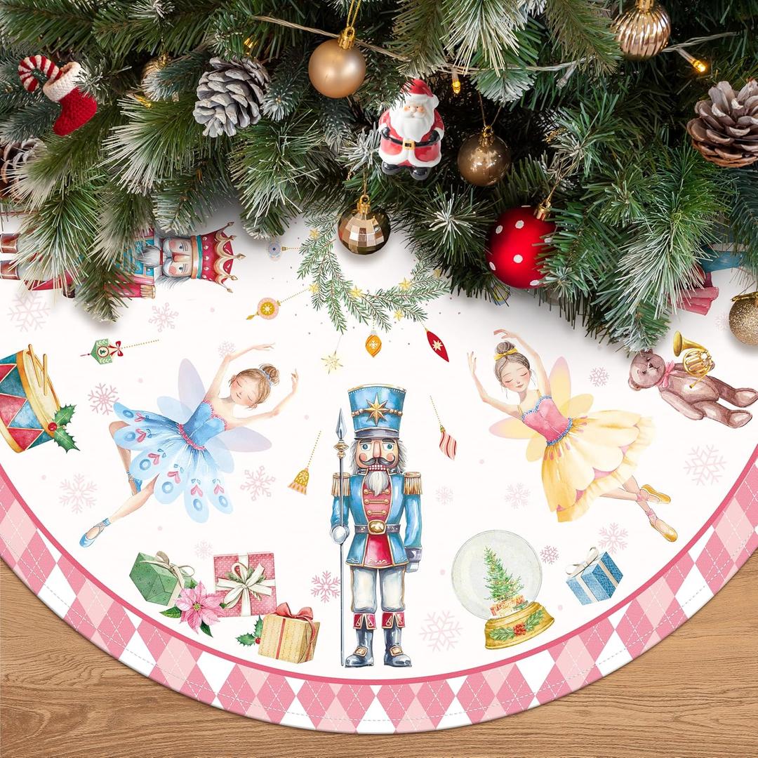 Nutcracker Christmas Tree Skirt 36 Inch Pink Christmas Tree Decorations Cute Xmas Tree Mat Ornaments for Home Holiday Party Indoor Outdoor (Pink, 36 Inches)