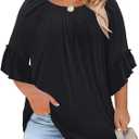 Micoson Womens Plus Size Tops 3/4 Ruffle Sleeve Shirts Crewneck Pleated Blouses Dressy Casual Fashion Tunic Top (1X-5X) (Black)