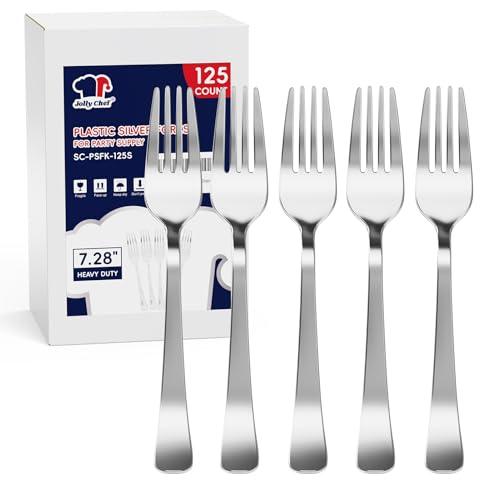 125 Count Silver Plastic Forks Heavy Duty, 7.28 Inch Forks Disposable Heat Resistant Durable Silver Plastic Disposable Utensils for Parties, Wedding, Daily Events