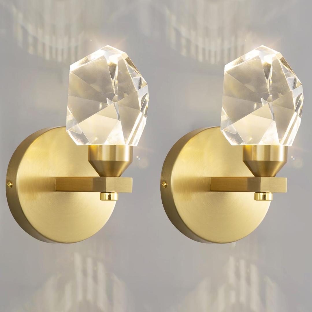 Set of 2 Gold Wall Sconces Modern Crystal Vanity Lighting for Bathroom Bedroom Living Room Entryway Wall Light Hallway Dining Room Lights Wall Mount Lighting Fixture Warm Light