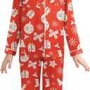 Veseacky Xms Satin Pajama Sets for Girls Silk Button Down PJ Set Silk Sleepwear Birthday Pajamas Gift (Christmas Red, size 10)