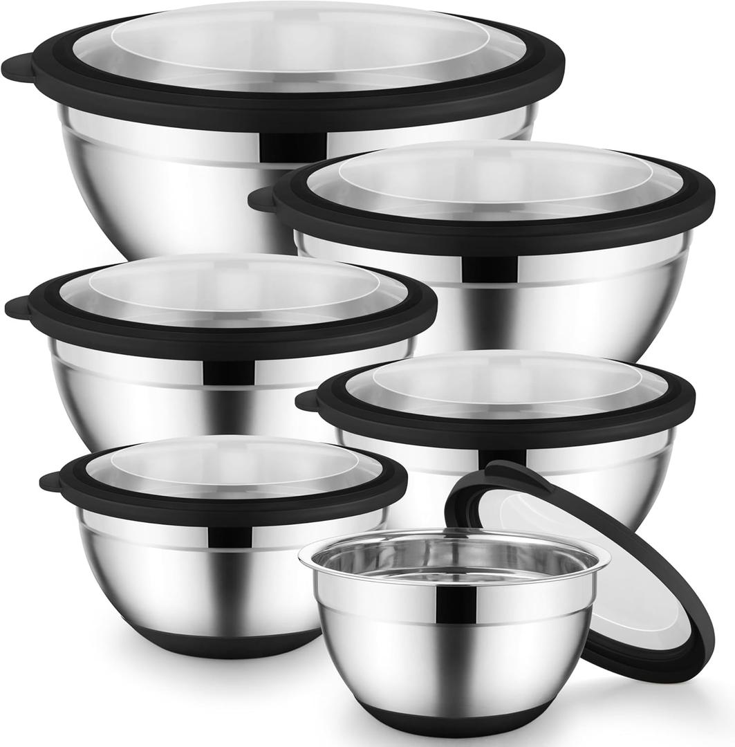 Mixing Bowls with Lids Set of 6 for Kitchen Stainless Steel Metal Nesting Bowls with Non-Slip Bottom Black - Size 1, 1.5, 2, 2.6, 3.5, 7QT
