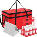 Insulated Food Delivery Bag Pizza Cooler Bag with Hard Bottom & Drink Carrier, Thermal Hot Cold Grocery Tote for Food Delivery, Travel, Shopping, and Catering (Red,23 x 15 x 14 Inch)
