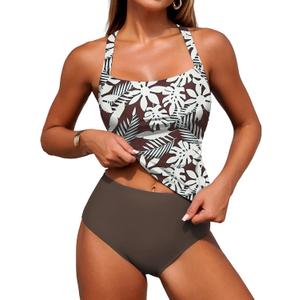 ZAFUL Women's Tankini Swimsuits Tummy Control Swimwear Two Piece Bathing Suits Swim Top with High Waisted Bottom (Brown, M)