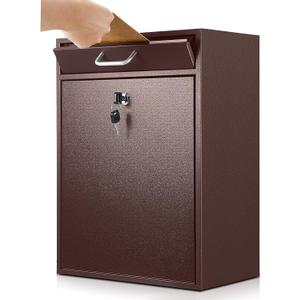 Yaocom Locking Mailbox with Key for Outdoor 18 x 15 x 7 Inches Large Wall Mount Mail Box with Lock Security Mail Drop Metal Collection Boxes Hanging Secure Postbox (Brown)