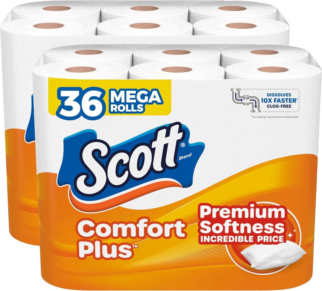 Scott ComfortPlus Toilet Paper, 36 Mega Rolls, 310 Sheets per Roll, Septic-Safe, 1-Ply Toilet Tissue