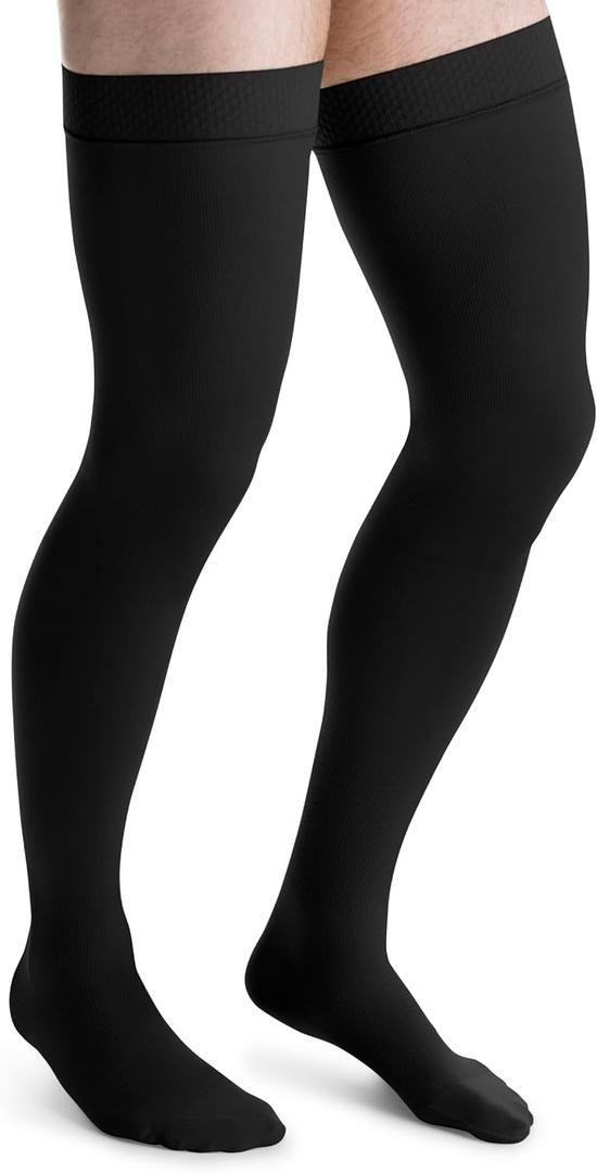 JOBST 115414 forMen Ribbed Dress Compression Stocking, Thigh High, 30-40mmHg, Closed Toe, Large, Black, Large