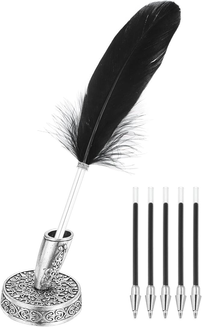PATIKIL Black Feather Ballpoint Pens Bulk, Metal Holder Black Ink Vintage Quill Writing Pens with 5Pcs Refill for Office, Wedding Signature, Silver