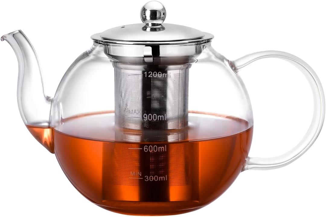 Glass Teapot, Zpose 40oz/1200ml Tea Pot with Removable Stainless Steel Infuser, Clear Glass Tea Kettle with Scale Line, Stovetop Safe Teapot for Blooming Tea & Loose Leaf Tea, Gift Box for Tea Maker (1200ML-Round)