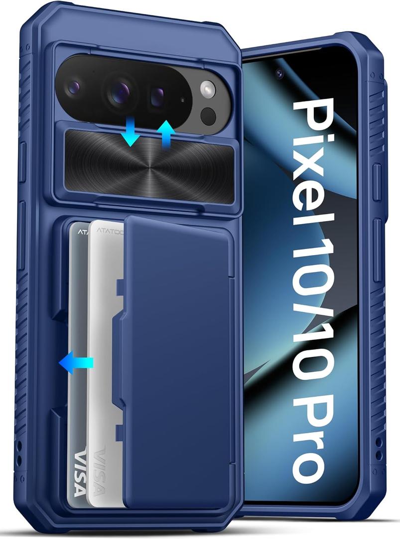 ATATOO for Google Pixel 10/Pixel 10 Pro Wallet Case, Built-in Card Holder & Slide Camera Cover & RFID Blocking, Military Grade Protection, Shockproof Case for Pixel 10/10 Pro 6.3" 2025, Blue