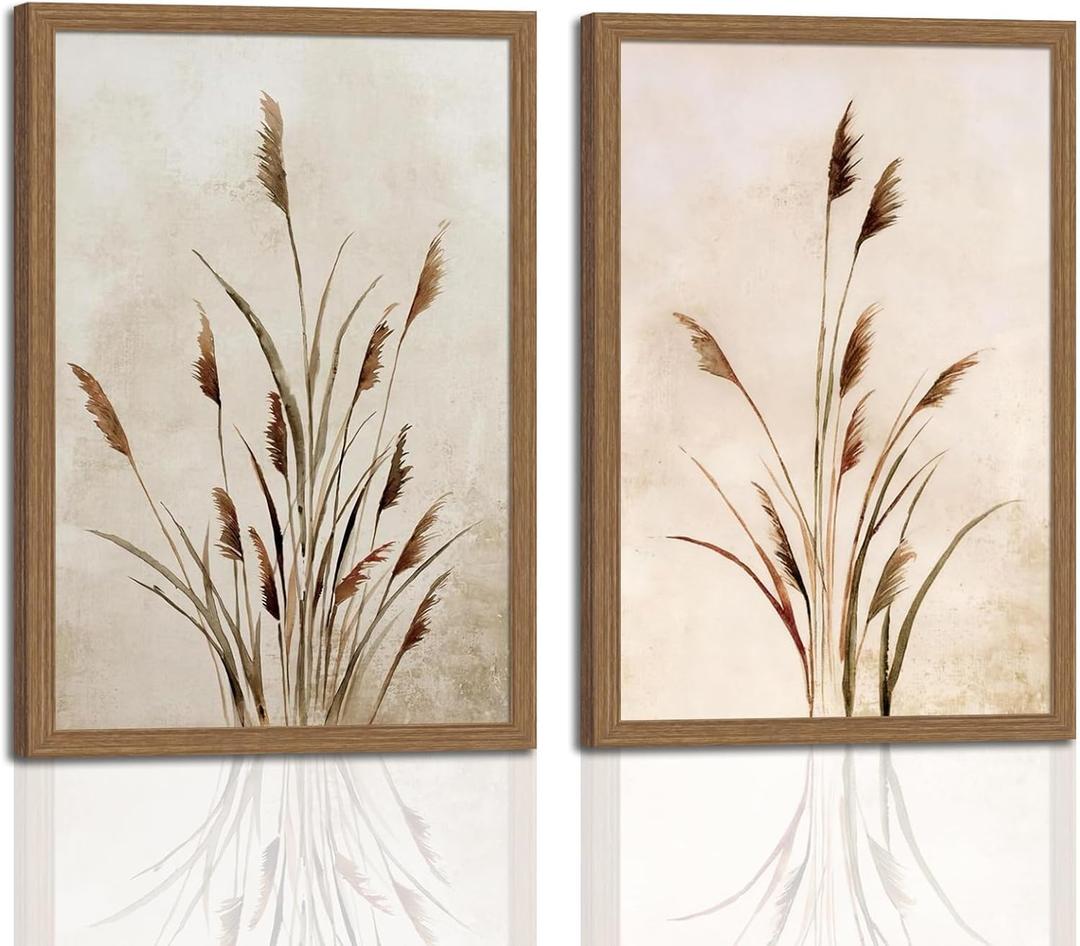 2pcs Framed Bohemian Reed Wall Art,Retro,Country-Style Natural Minimalist Botanical Canvas Painting Suitable For Living Rooms, Bedrooms, And 12 X 16In